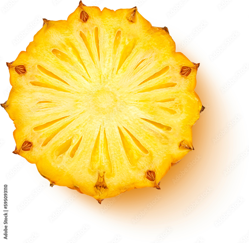 Slice of pineapple isolated, top view, flat lay