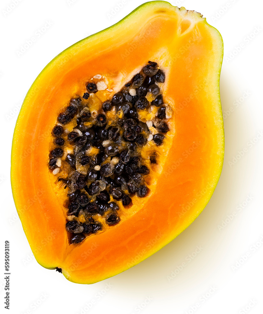 Half of papaya isolated, top view, flat lay