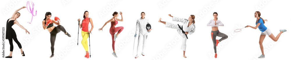 Set of different sporty women on white background