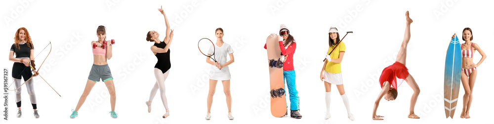 Set of different sporty women on white background