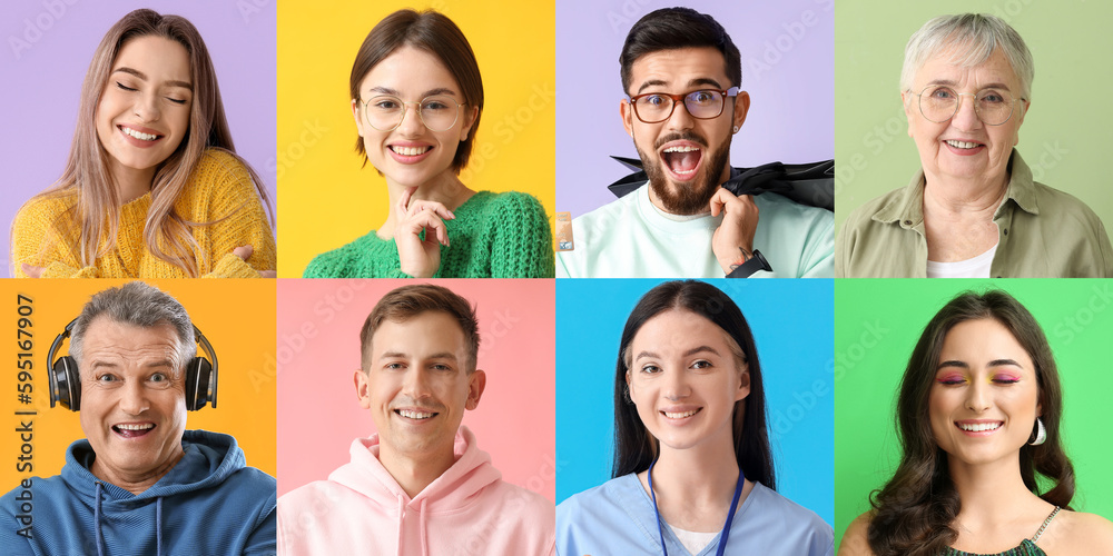 Collage of positive people on color background