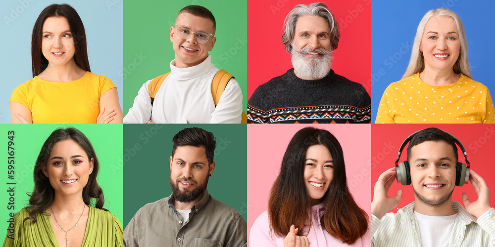 Collage of happy people on color background