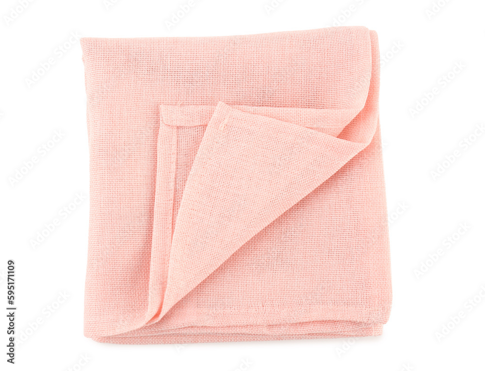 Folded pink napkin on white background