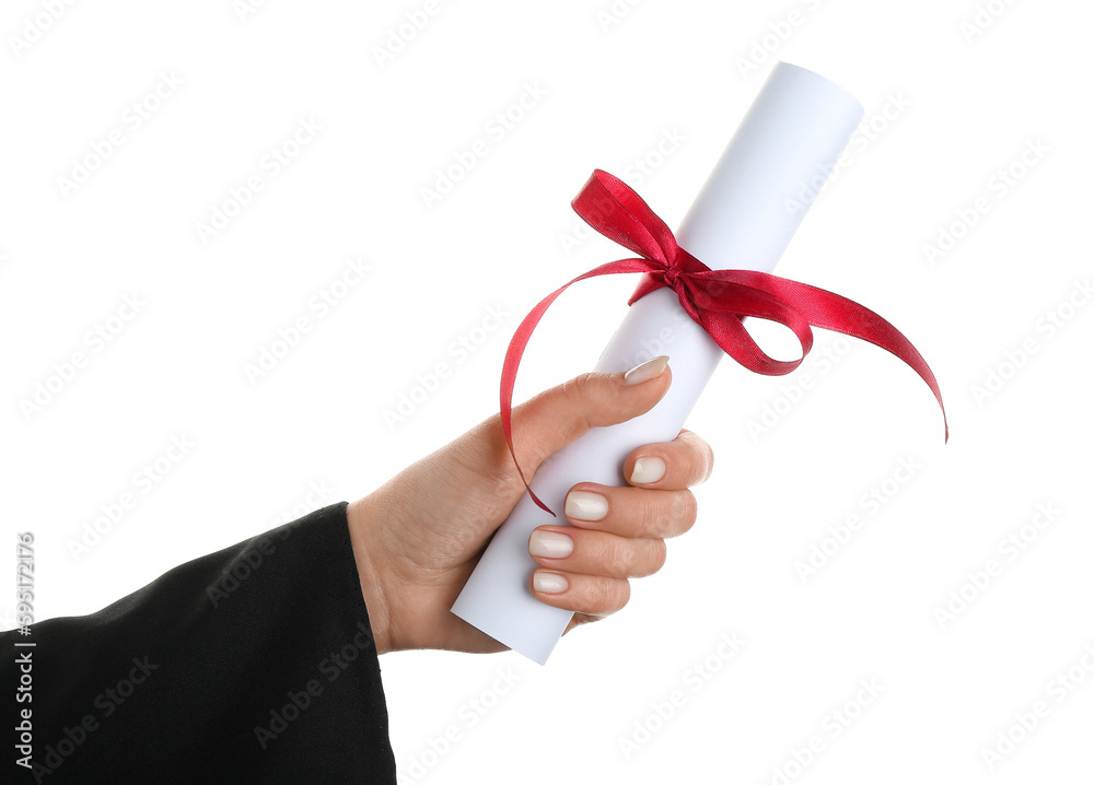 Woman holding diploma with ribbon on white background