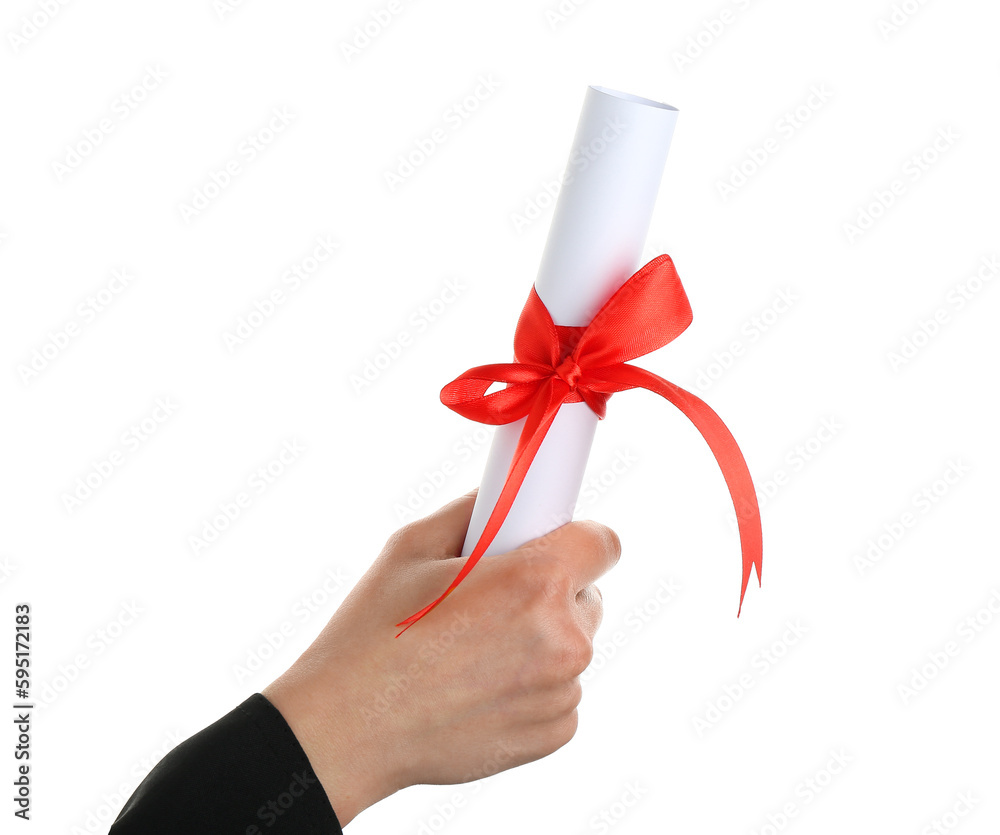 Woman holding diploma with ribbon on white background