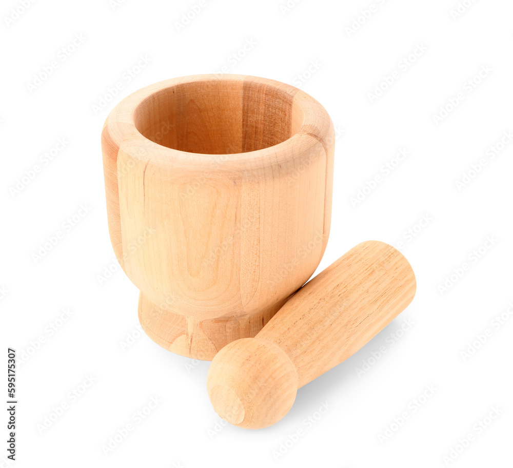 Wooden mortar with pestle isolated on white background