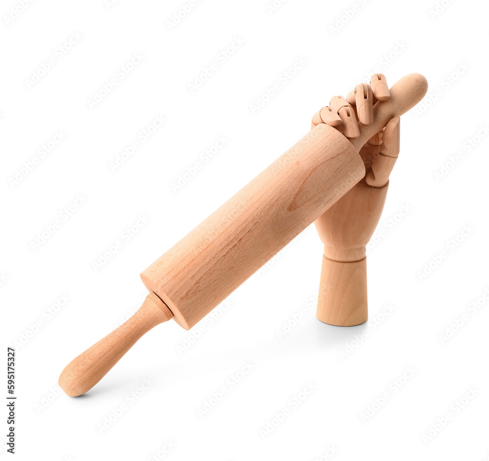 Wooden hand with rolling pin isolated on white background