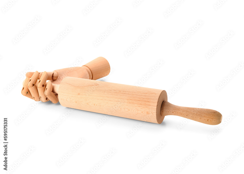 Wooden hand with rolling pin isolated on white background