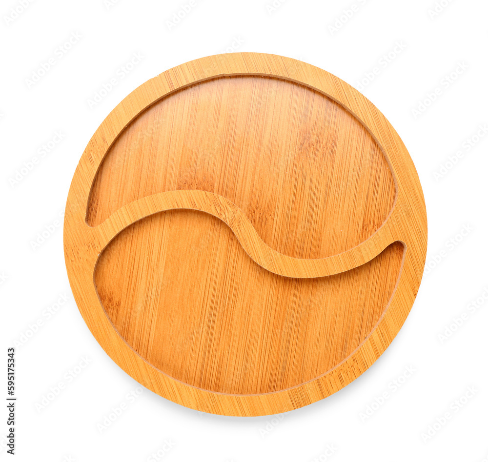 Stylish wooden plate isolated on white background