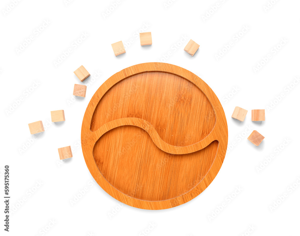 Stylish wooden plate with cubes isolated on white background