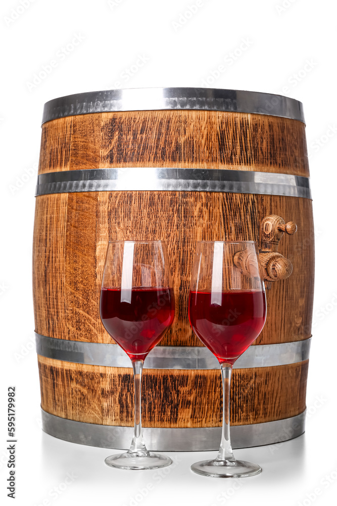 Wooden barrel and glasses of wine isolated on white background