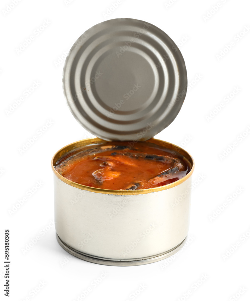 Opened tin can with fish in tomato sauce isolated on white background