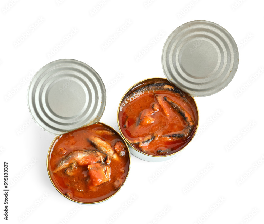 Opened tin cans with fish in tomato sauce isolated on white background