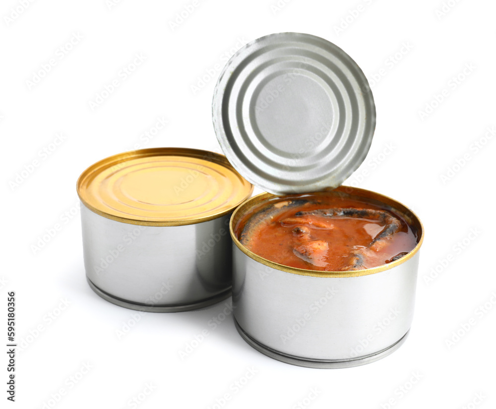 Opened tin cans with fish in tomato sauce isolated on white background