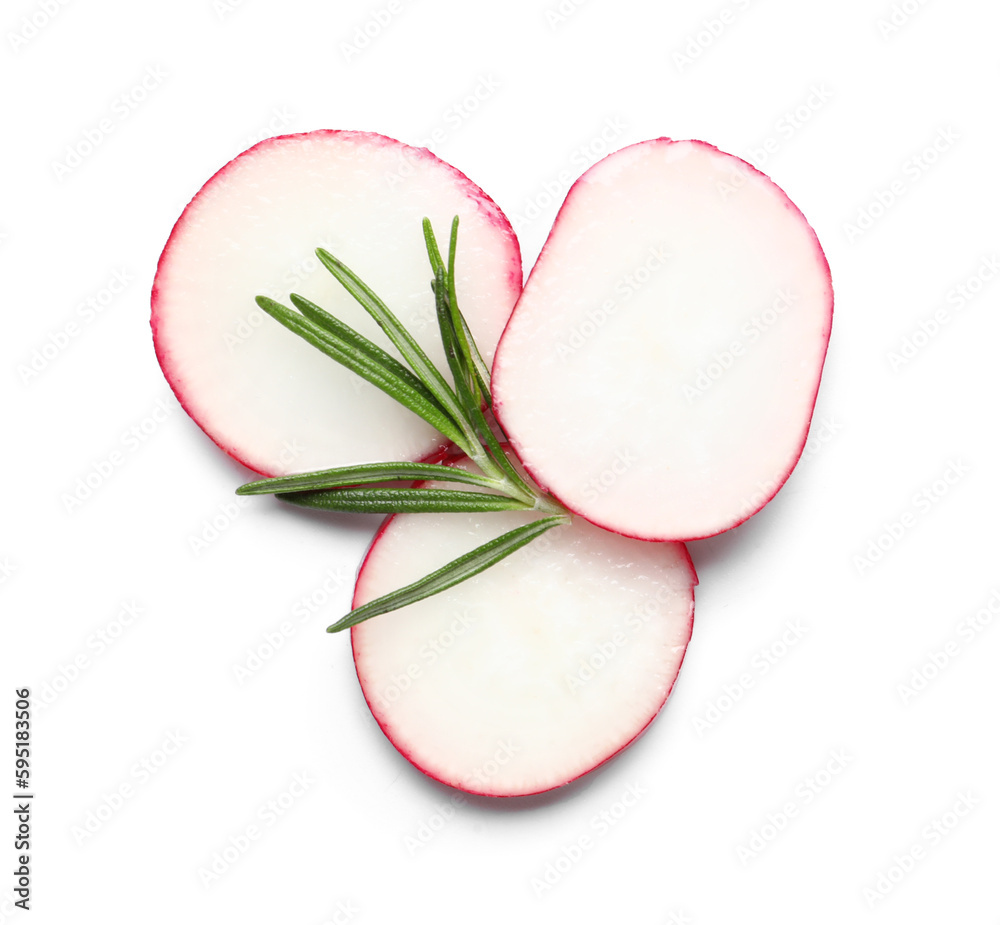 Slices of fresh radish and rosemary isolated on white background