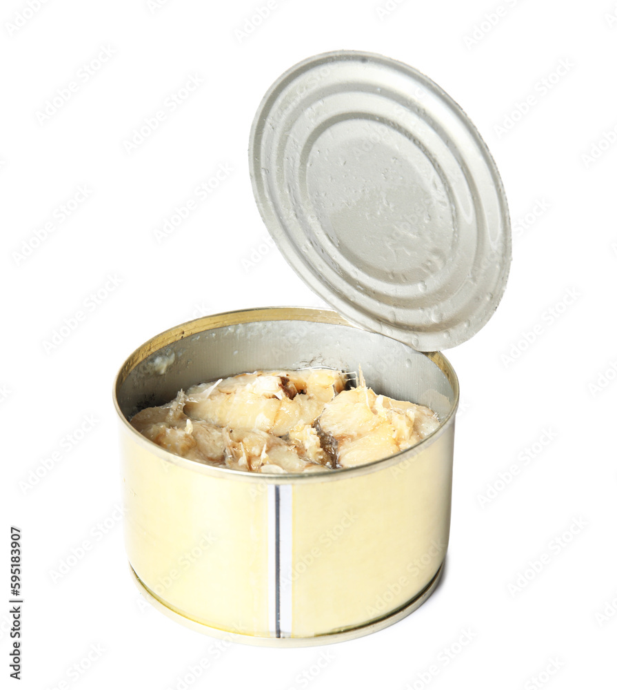 Opened tin can with fish isolated on white background