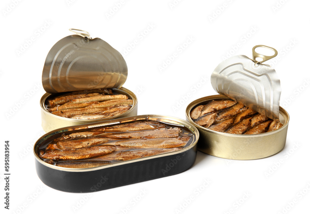 Opened tin cans with sprats in oil isolated on white background