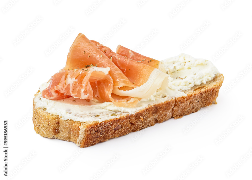 Tasty bruschetta with jamon on white background