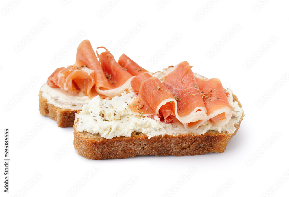 Tasty bruschettas with jamon on white background