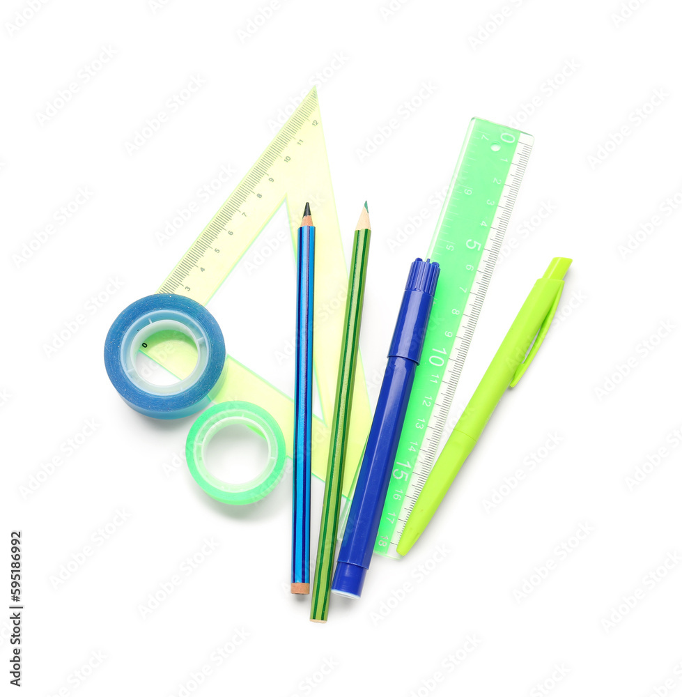 Stationery supplies on white background