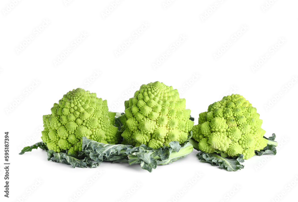 Composition with romanesco cabbage on white background