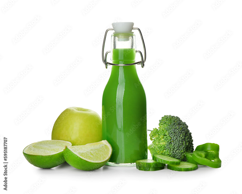 Glass bottle of tasty green juice and ingredients on white background