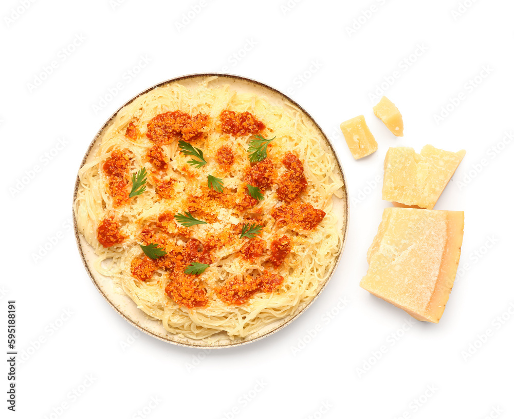 Plate of tasty Italian pasta with Parmesan cheese on white background