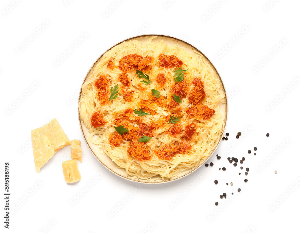 Plate of tasty Italian pasta with Parmesan cheese on white background