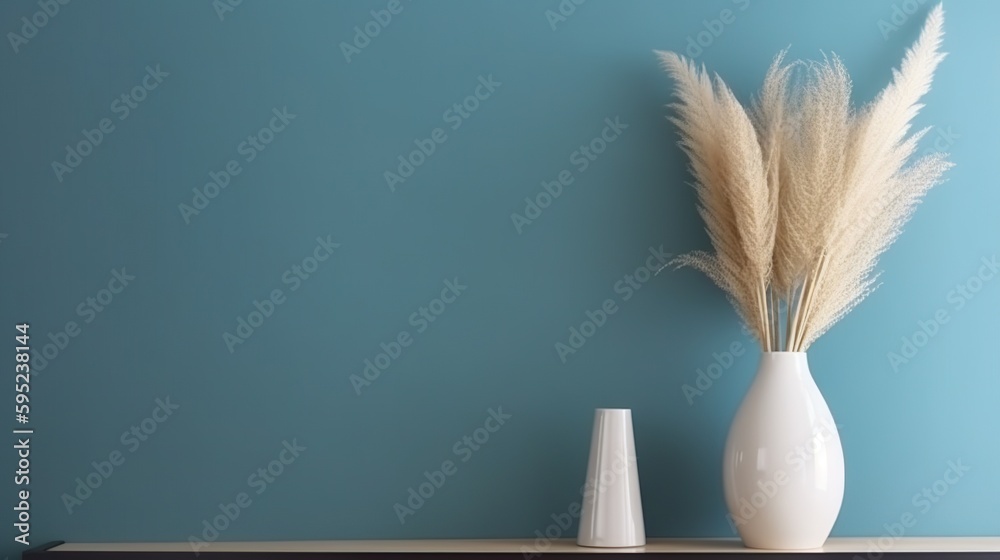 Vase with decorative plant branch against blue wall background. Minimalist interior mockup. Generati