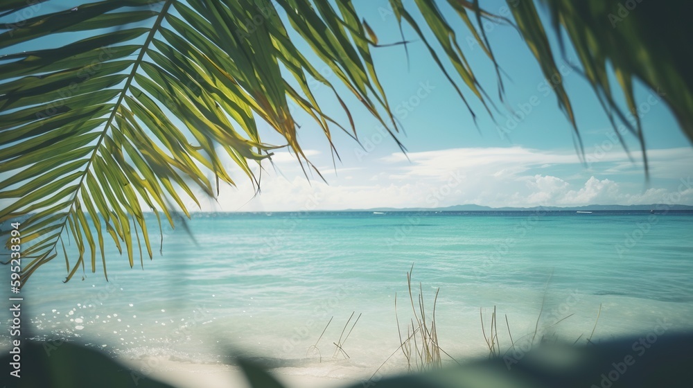 Tropical summer seascape with palm leaves, beach and paradise ocean. Vacation and travel backdrop. G