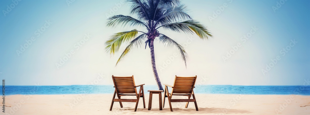 Two beach chair on beautiful tropical beach. Travel paradise concept. Generative AI