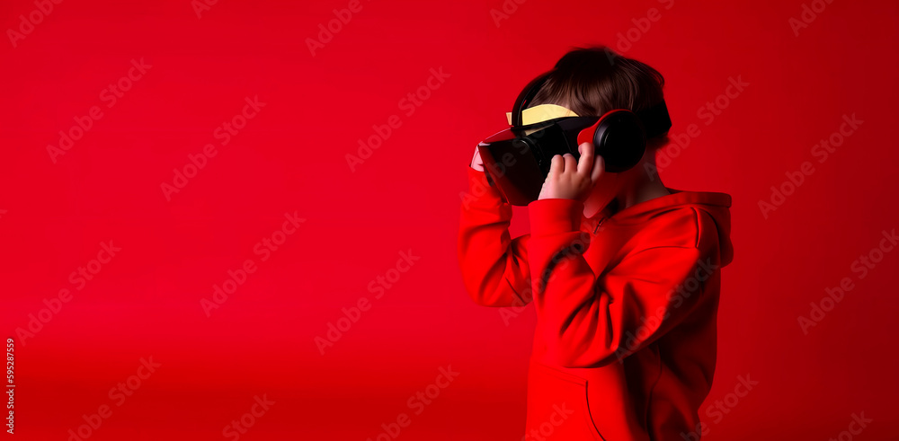 Child wearing VR glasses and wandering in the imagination. Ai generated.