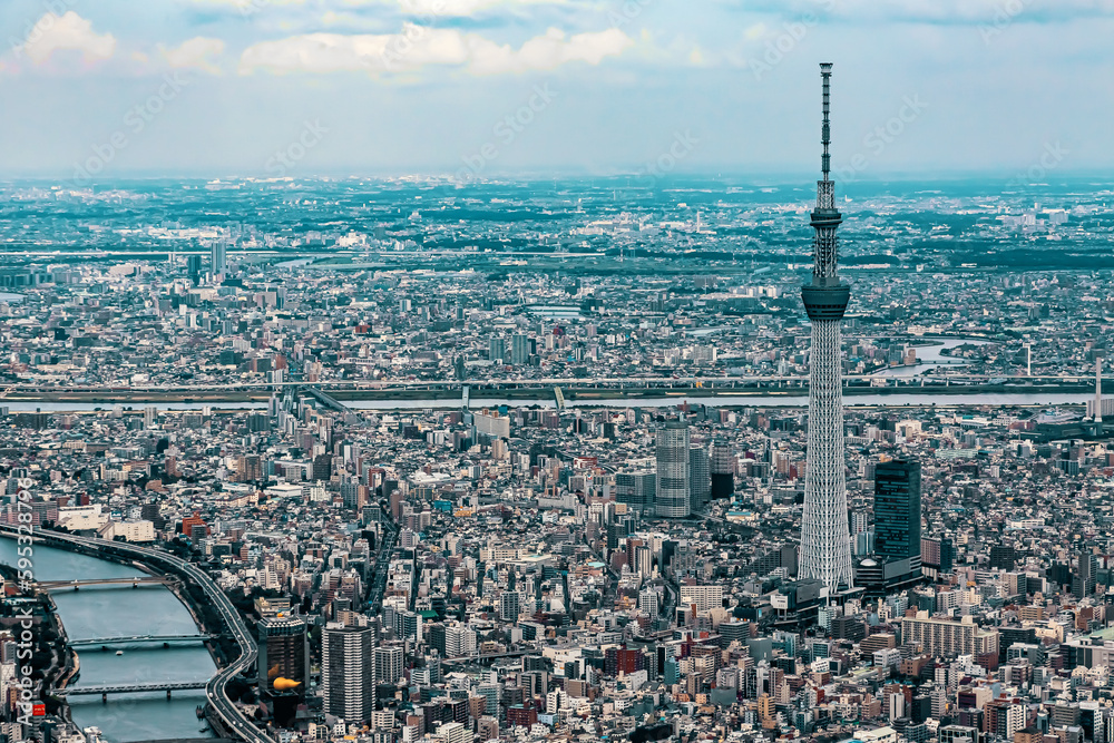 Aerial View of Sumida City with the Tokyo Skytree, Tokyo, Japan