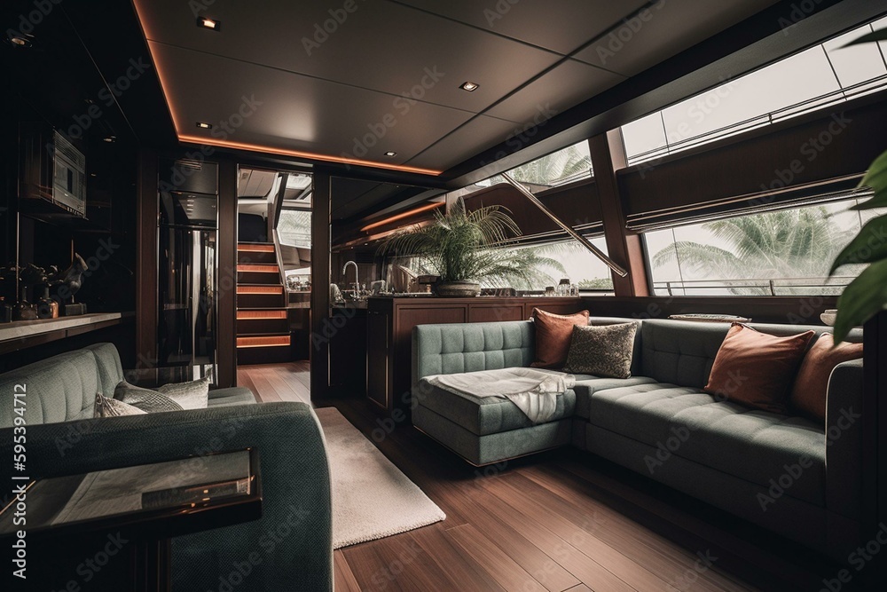 Luxury interior decor of yachts salon. Generative AI