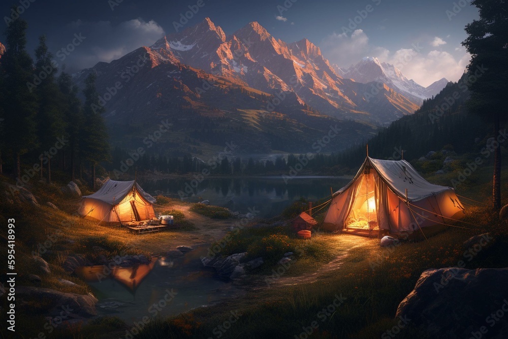 Digital painting of mountain camping. Generative AI