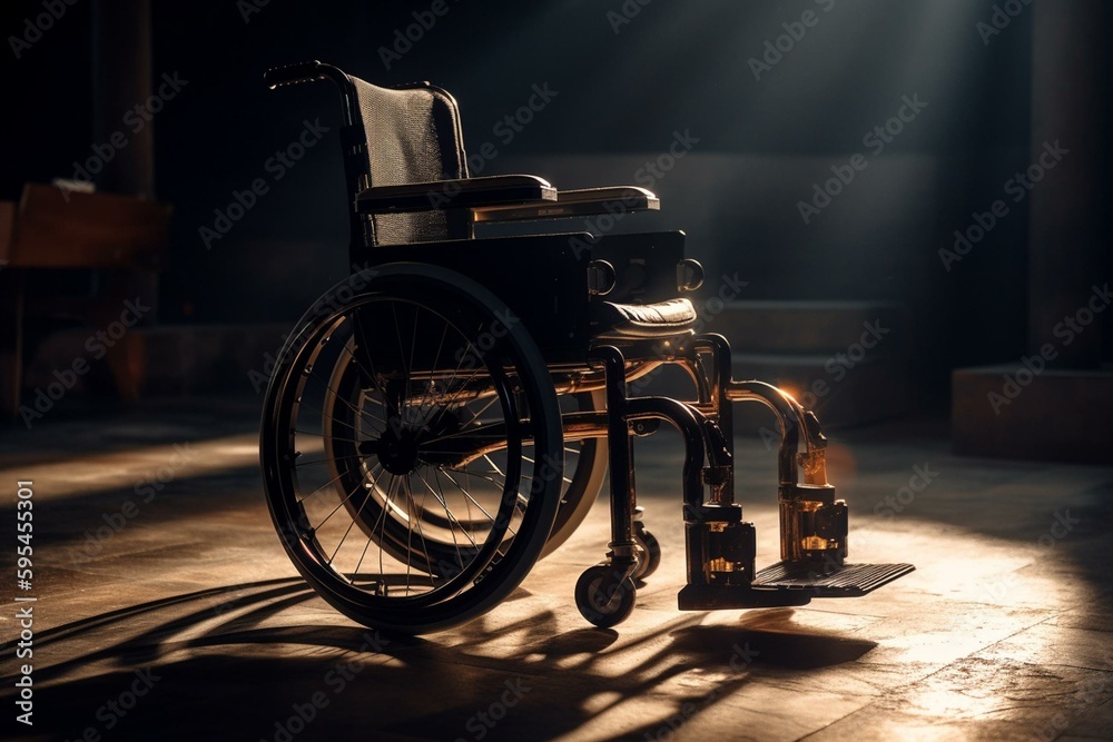 Dark wheelchair illuminated by a ray of light. Generative AI