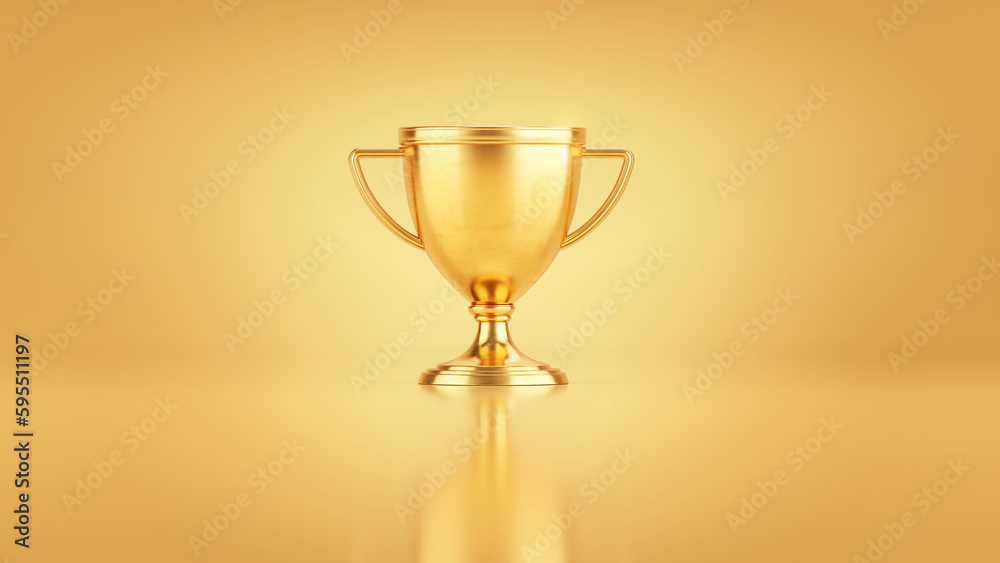 First place gold trophy cup on golden background