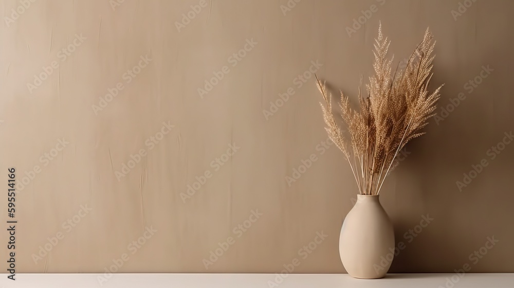 Vase with decorative dry plant branch against beige wall background. Minimalist interior mockup. Gen