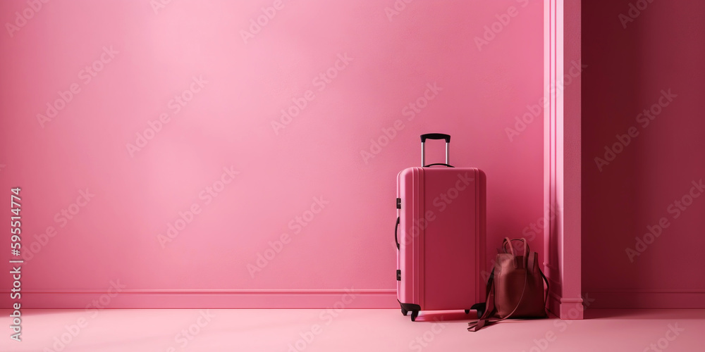 Pink travel suitcase, on pink background. Trip concept. Generative AI