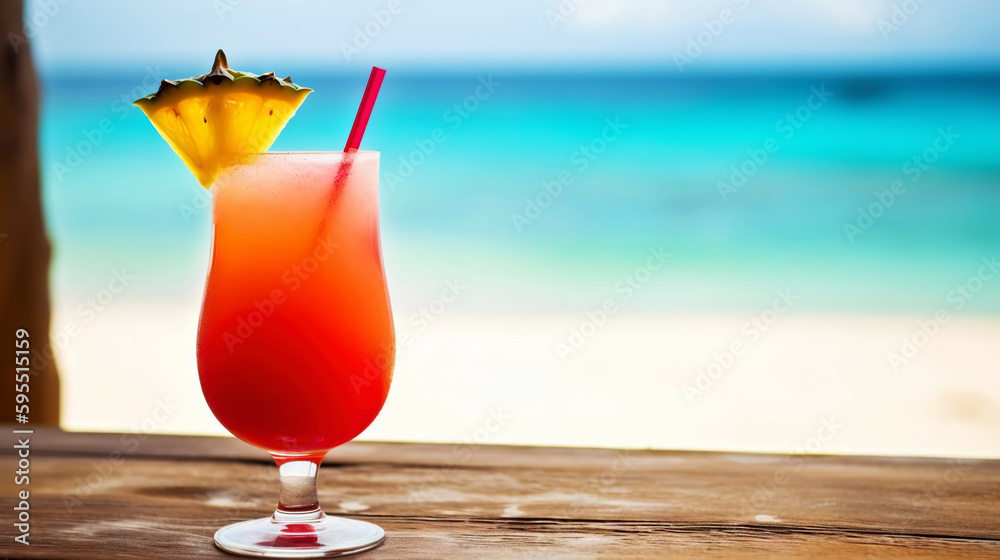 Bahama Mama cocktail on background with blue sea and sky tropical background. Generative AI