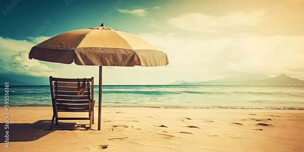 Beach chair and umbrella on beautiful beach. Travel paradise concept. Generative AI