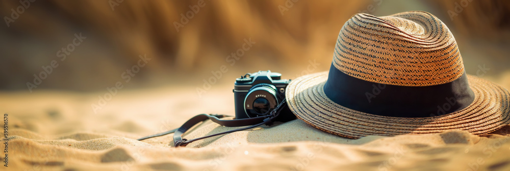 Hat on the sand with a sea background. Travel concept. Generative AI