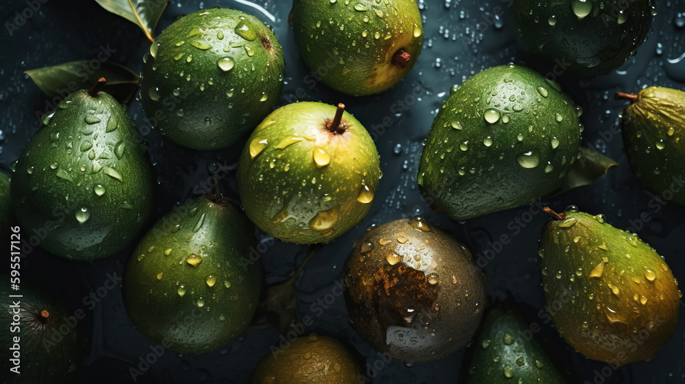 Fresh ripe avocados with water drops background. Fruits backdrop. Generative AI