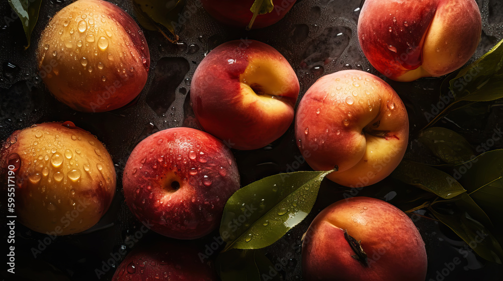 Fresh ripe peaches with water drops background. Fruits backdrop. Generative AI