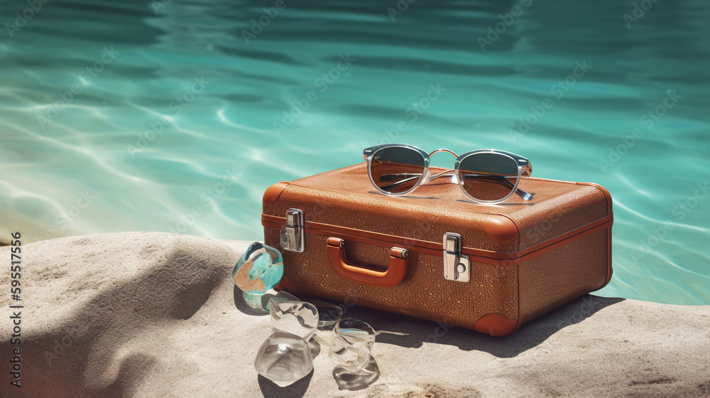 Suitcase with accessories on the sand with a sea background. Travel concept. Generative AI