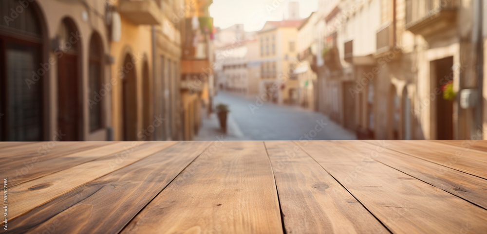 Wood table mockup with Medina city street in shallow depth of field. Copy space for product. Generat