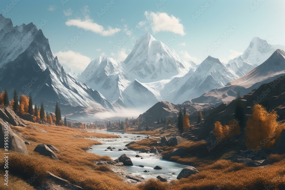 Anime style depiction of snow-capped mountain range with winding river. Generative AI