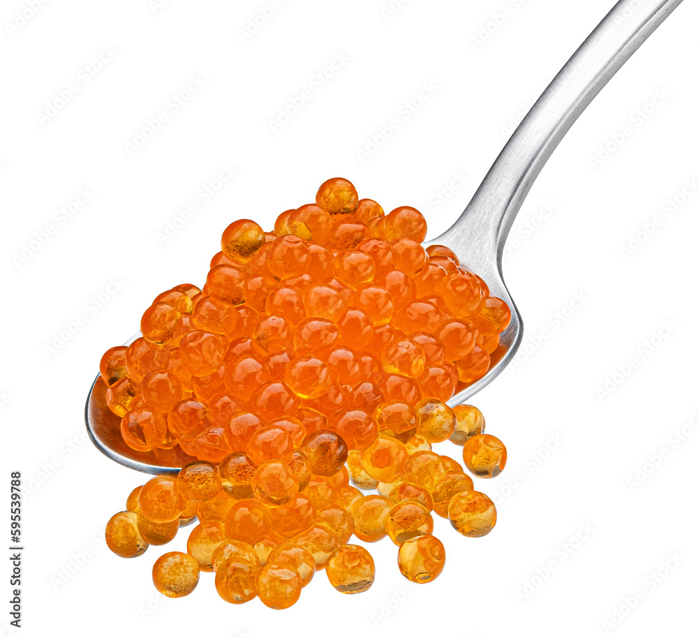 Red caviar in spoon isolated on white background, full depth of field