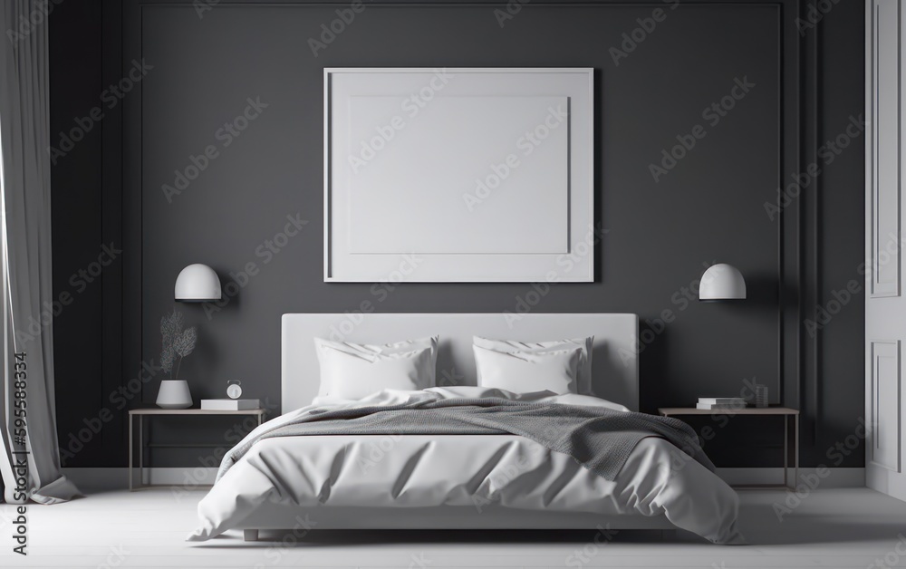 Modern bedroom interior with empty canvas or wall decor with frame in center for product presentatio