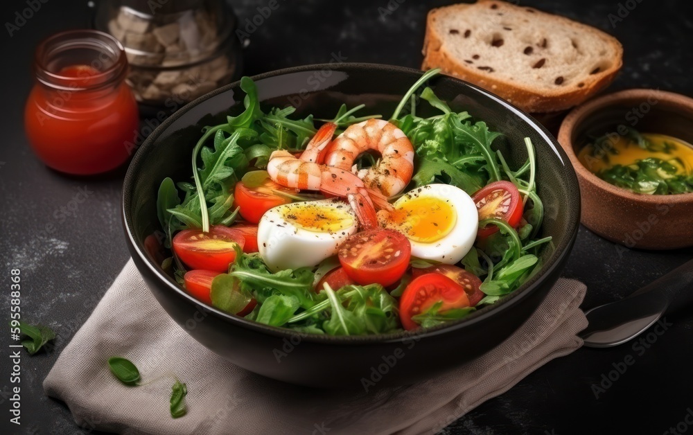 Breakfast, snack bowl  cherry tomatoes, arugula  salad with boiled egg and fried shrimp